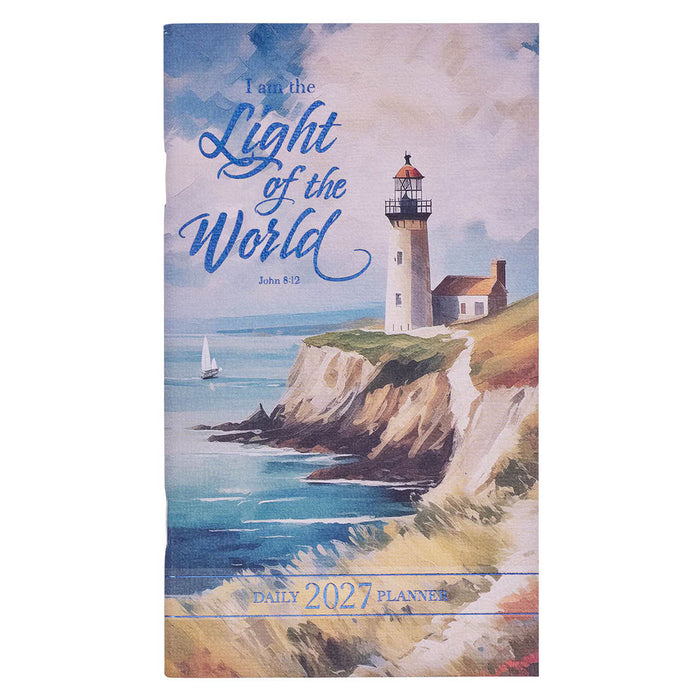 Planner cover with lighthouse and ocean scene, featuring text 'I am the Light of the World'.