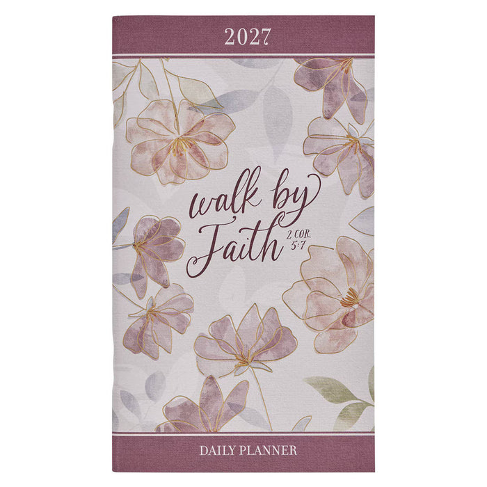 A daily planner cover featuring a floral watercolor design in dusty pink, mauve, and soft green on a light background. The top and bottom bands are dusty mauve, with the year '2027' at the top and 'DAILY PLANNER' at the bottom.