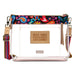A clear plastic crossbody bag with a colorful paisley patterned top trim, a multicolor woven strap, and a tan leather patch on the front that reads 'MAKE TODAY RIDICULOUSLY AWESOME!'.