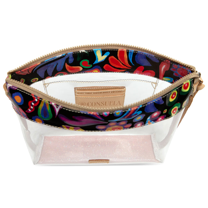 A clear plastic cosmetic pouch with a colorful floral patterned interior lining and a gold zipper, shown open against a white background.