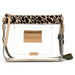 A clear plastic crossbody bag with a leopard print top flap, beige faux-leather trim, and a multicolor striped woven strap. The brand name 'CONSUELA' is visible on the tan leather patch on the front.