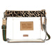 A clear plastic crossbody pouch bag with a leopard print top trim, a tan leather patch that reads 'MAKE TODAY RIDICULOUSLY AWESOME!', and a multicolor striped shoulder strap on a white background.