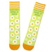 Pair of socks with daisy pattern and text 'Everything's Coming Up Daisies' on a white background