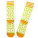 Pair of socks with daisy flower pattern and orange accents on a white background