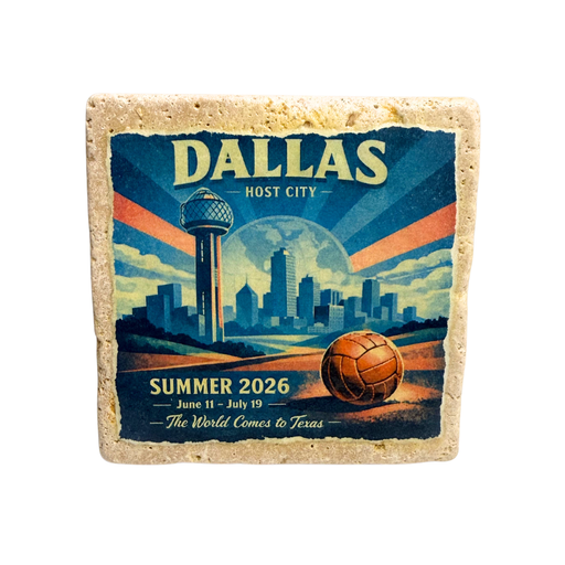 Square coaster with Dallas-themed design featuring a city skyline and basketball, on a white background.