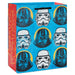 Gift bag with Star Wars-themed designs of Darth Vader and Stormtrooper helmets on a blue background.