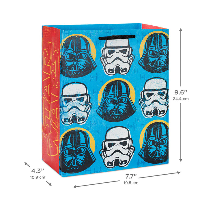 Star Wars-themed gift bag with character designs and dimensions on a white background