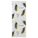 Tea towel with pickle illustrations and text on a white background