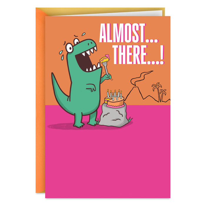 Children's book cover with a dinosaur and cake, featuring the text 'Almost... There...!'.