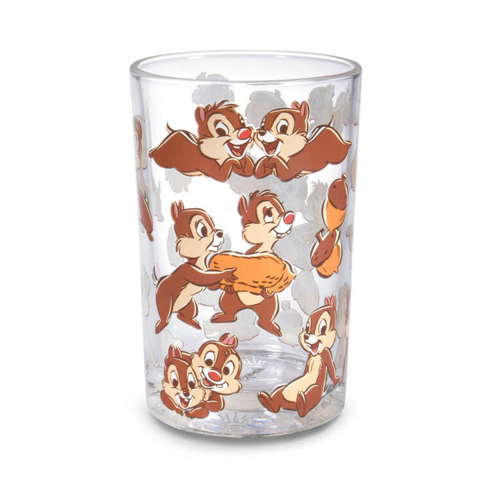 Clear glass tumbler with cartoon chipmunks design on a white background