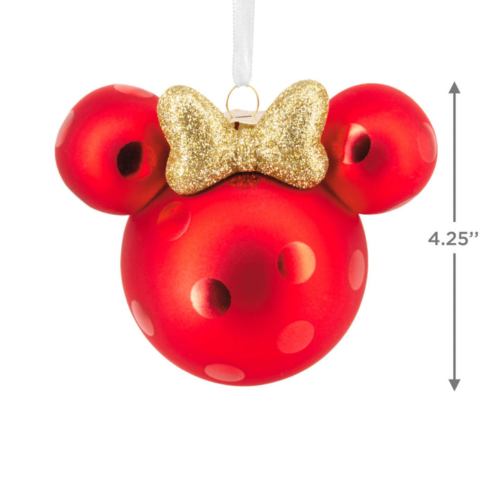 Red ornament with gold bow, resembling a character's head, on a white background with dimensions indicated.