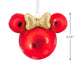 Red ornament with gold bow, resembling a character's head, on a white background with dimensions indicated.