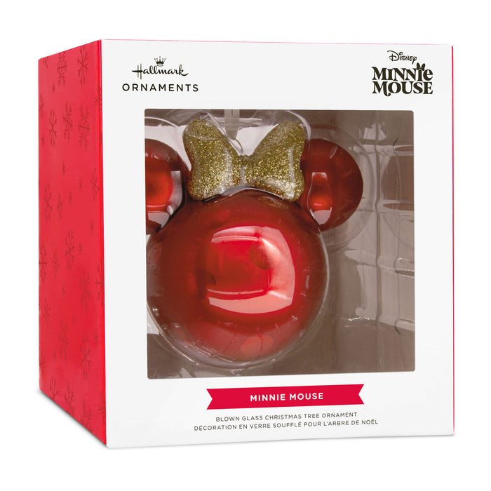 Hallmark Minnie Mouse ornament packaging with red and gold design.