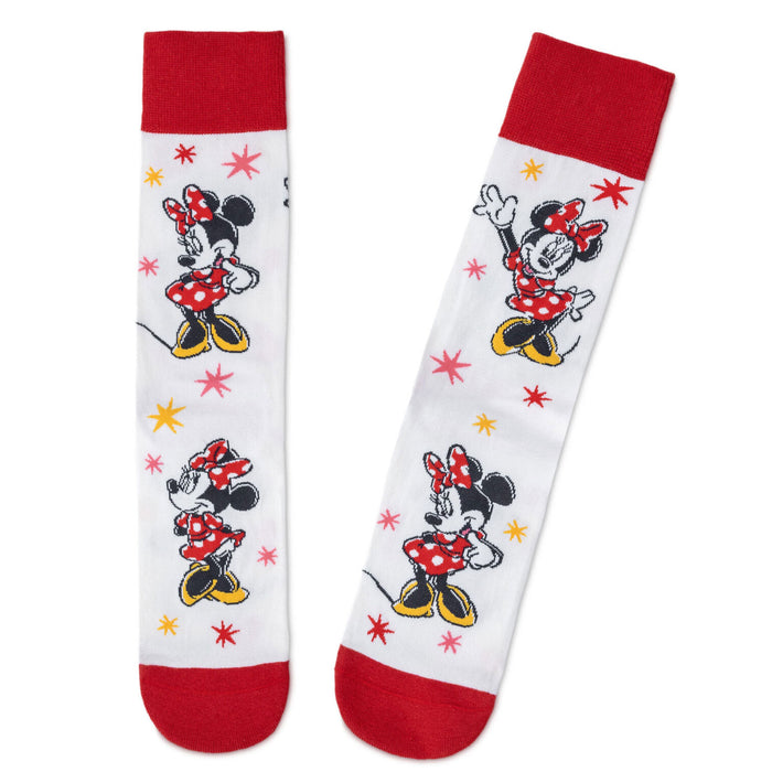 Two socks with Minnie Mouse design on a white background