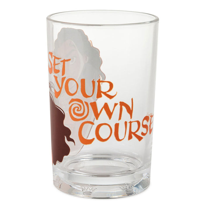 Clear glass with orange text 'Set Your Own Course' and silhouette design on a white background