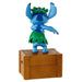Blue cartoon-like character on a wooden box against a white background