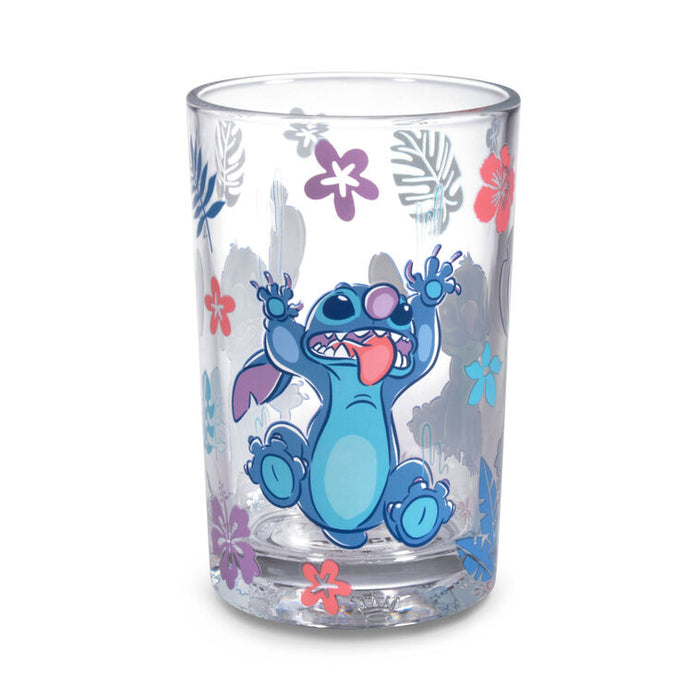 Clear tumbler with cartoon character and floral designs on a white background