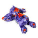 A plush toy in a Halloween-themed purple print with orange, white, and black spiderweb motifs, photographed on a solid white background.