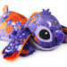 A plush toy of Stitch decorated with a purple and orange Halloween pattern featuring pumpkins, spiderwebs, and stars, shown on a clean white background.