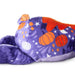 A plush toy in a Halloween theme, featuring orange pumpkins, white stars, purple spiderwebs, and a dark purple night sky pattern on a white background.