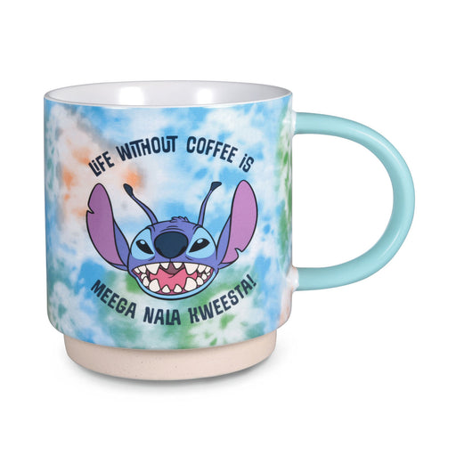 Mug with tie-dye design featuring a character and humorous text on a white background