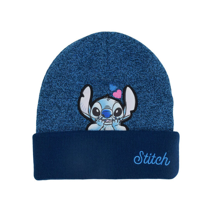 Blue knit beanie with cartoon character and 'Stitch' text on a white background