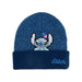 Blue knit beanie with cartoon character and 'Stitch' text on a white background