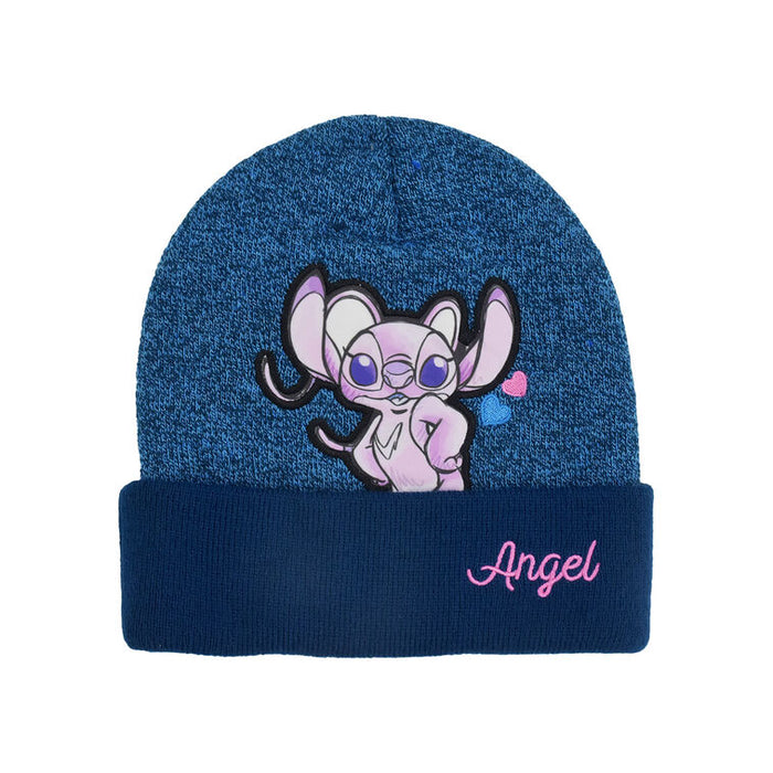 Blue beanie with a cartoon character and 'Angel' text on a white background
