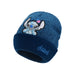 Blue knit beanie with cartoon character and 'Stitch' text on a white background