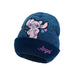 Blue knit beanie with cartoon character and 'Angel' embroidery on a white background