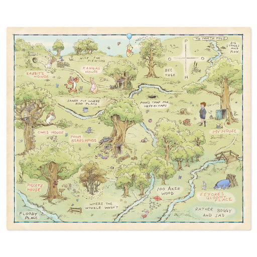 Illustrated map of a forest with various landmarks and characters from a children's storybook.