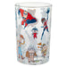 Clear glass tumbler with animated character illustrations on a white background