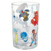 Clear glass with animated character illustrations on a white background