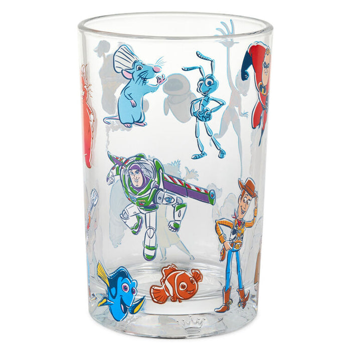 Clear glass tumbler with animated character illustrations on a white background