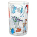 Clear glass tumbler with animated character illustrations on a white background