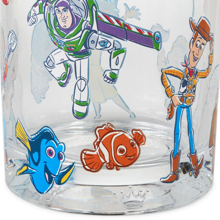 Clear glass with cartoon characters including Buzz Lightyear, Woody, Dory, and Nemo.