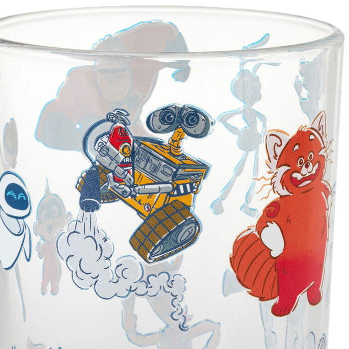 Clear glass with animated character illustrations on a white background