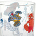 Clear glass with animated character illustrations on a white background