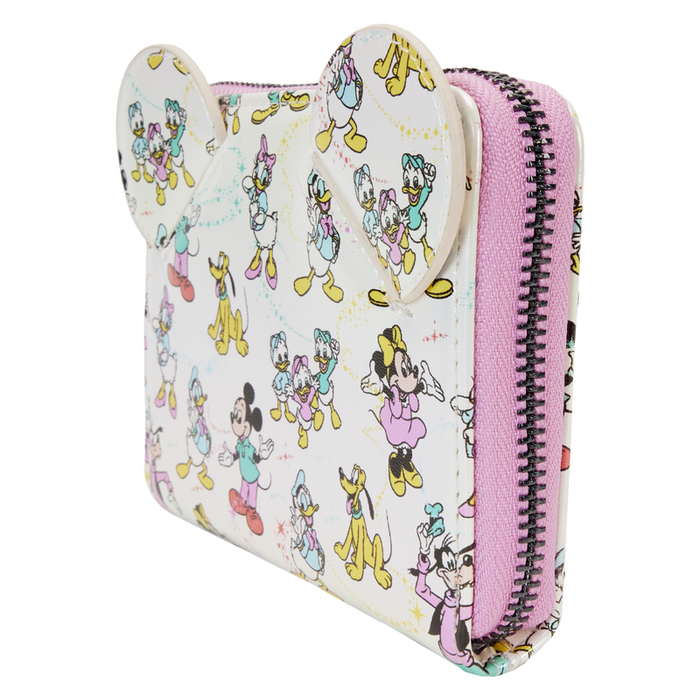 Disney100 Mickey & Friends Classic All-Over Print Iridescent Zip Around Wallet by Loungefly