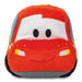 A plush toy shaped like a red cartoon car, featuring a white face area with two black oval eyes and a stitched smile, photographed on a plain white background.