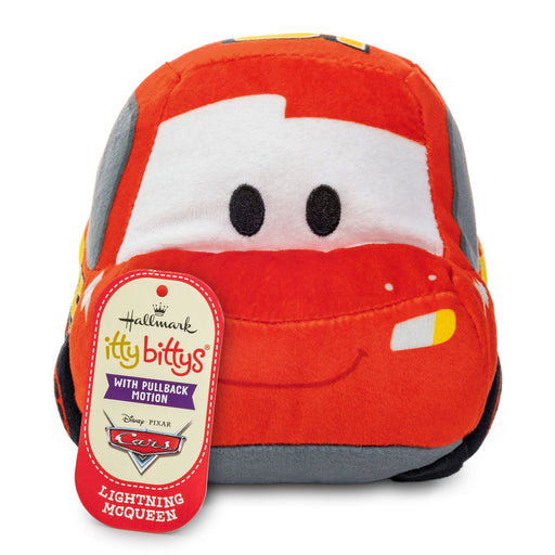 Hallmark Itty Bitts Disney Pixar Lightning McQueen plush toy in red, featuring a hangtag on a white background.