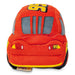 A plush toy shaped like a race car, featuring orange-red fabric, gray window panels, yellow and black number 95 details, and a small visible 'The Bruges' brand tag at the bottom.