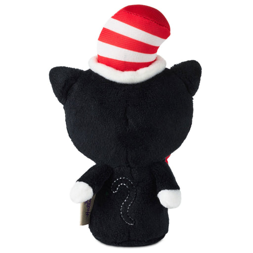 Black cat plush toy with a red and white striped hat on a white background