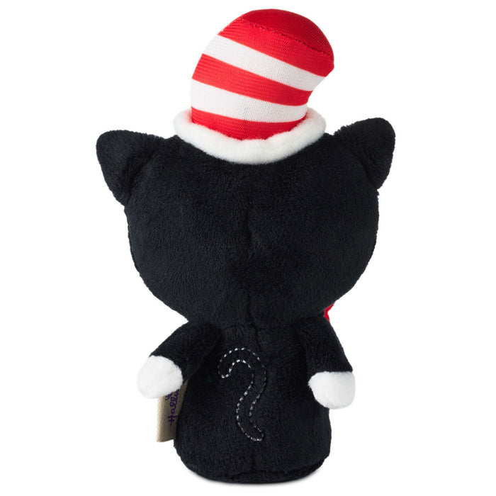Black cat plush toy with a red and white striped hat on a white background