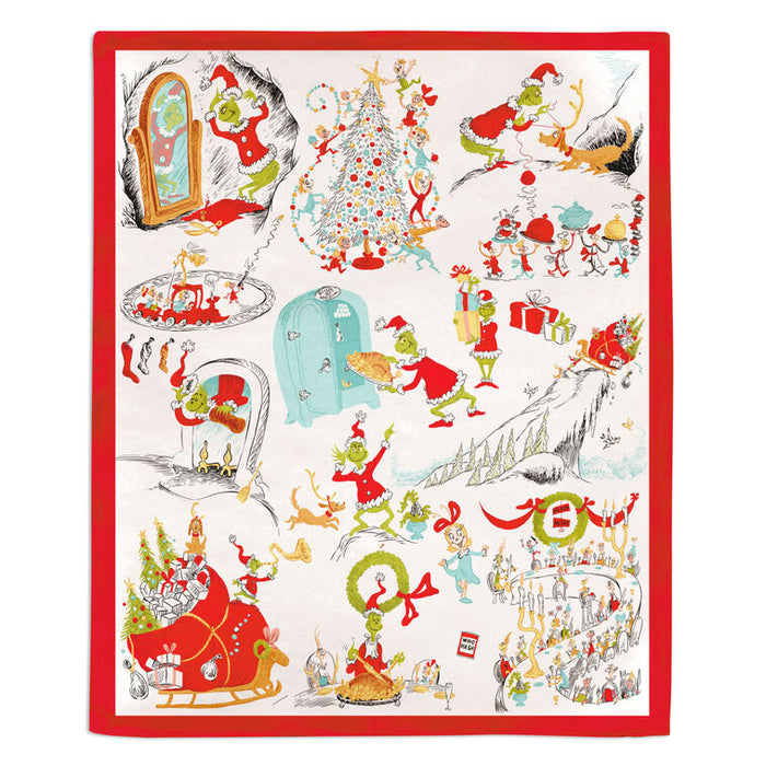 Christmas-themed fabric with Grinch illustrations on a white background