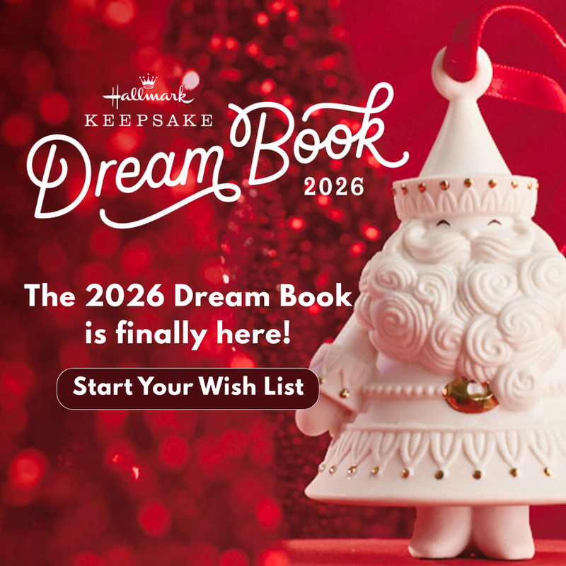 Promotional image for 2026 Hallmark Keepsake Dream Book with a decorative Santa figure on a red background.