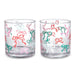 Two clear glasses with colorful bow patterns on a white background