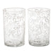 Two clear glass tumblers with etched bow patterns, shown side-by-side on a white background.
