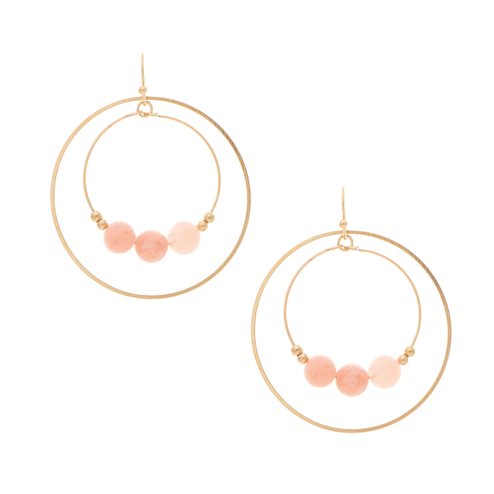 Gold Double Ring & Pink Quartz Bead Earring