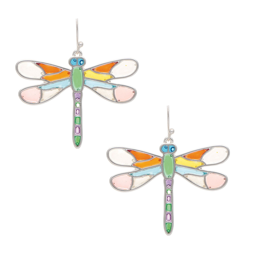 Silver Multicolor Stained Glass Dragonfly Earring